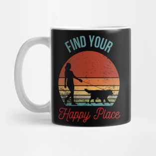 Find Your Happy Place: Silhouette of Girl Walking Dog with Retro Sunset Background Mug